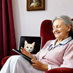 **

A senior Polish woman smiling while video-conferencing with a doctor on a tablet in her cozy living room. The background includes traditional Polish decorations and a cat sleeping on a nearby armchair. Emphasize the ease and comfort of receiving medical advice remotely.

**