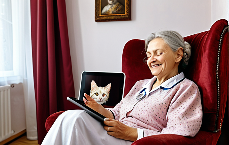 **
A senior Polish woman smiling while video-conferencing with a doctor on a tablet in her cozy living room. The background includes traditional Polish decorations and a cat sleeping on a nearby armchair. Emphasize the ease and comfort of receiving medical advice remotely.
**