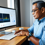 A middle-aged man, diverse ethnicity, wearing a professional smartwatch and comfortable, modest casual clothing, is seated in a modern, well-lit home office. He is attentively viewing a tablet screen displaying professional health data visualizations. In the background, subtle, clean holographic interfaces project complex data patterns, representing artificial intelligence analysis. The scene captures a realistic, high-resolution moment with natural lighting, perfect anatomy, correct proportions, a natural pose, well-formed hands, and proper finger count. safe for work, appropriate content, fully clothed, professional.