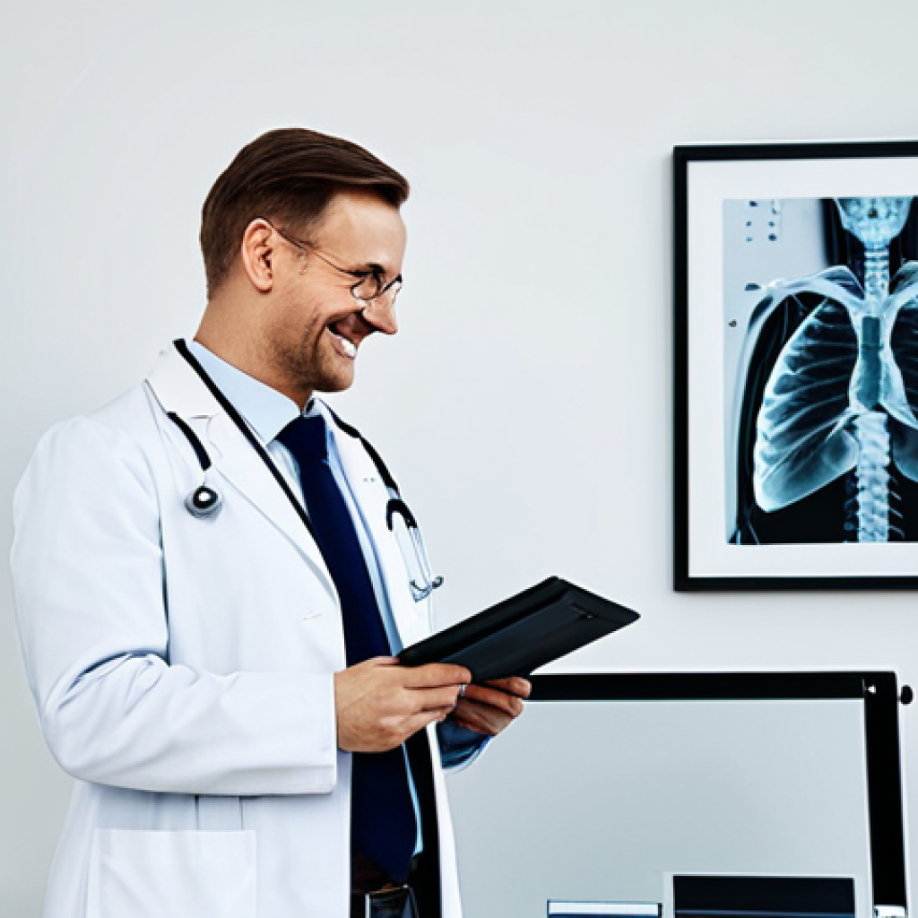 **

"A professional Polish doctor in a fully clothed, modest white coat, examining an X-ray in a modern, well-lit clinic. The doctor is smiling reassuringly. Appropriate attire, safe for work, perfect anatomy, natural proportions, professional medical environment, high quality, family-friendly."

**