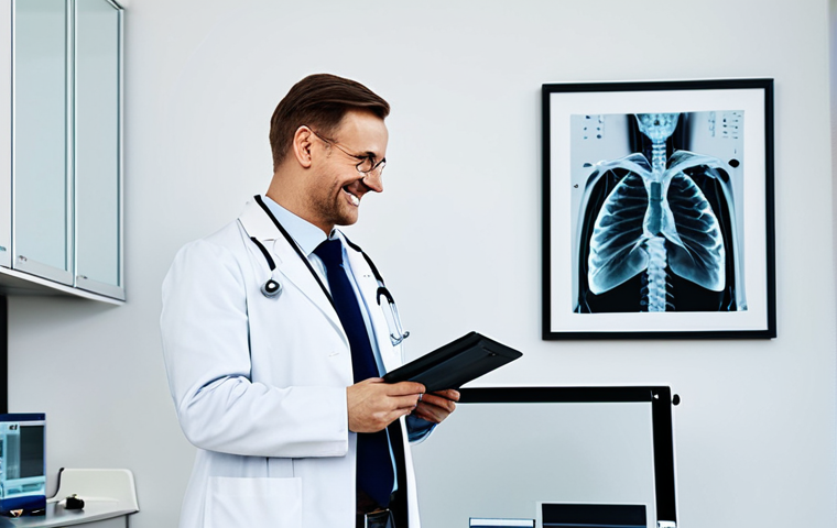 **

"A professional Polish doctor in a fully clothed, modest white coat, examining an X-ray in a modern, well-lit clinic. The doctor is smiling reassuringly. Appropriate attire, safe for work, perfect anatomy, natural proportions, professional medical environment, high quality, family-friendly."

**