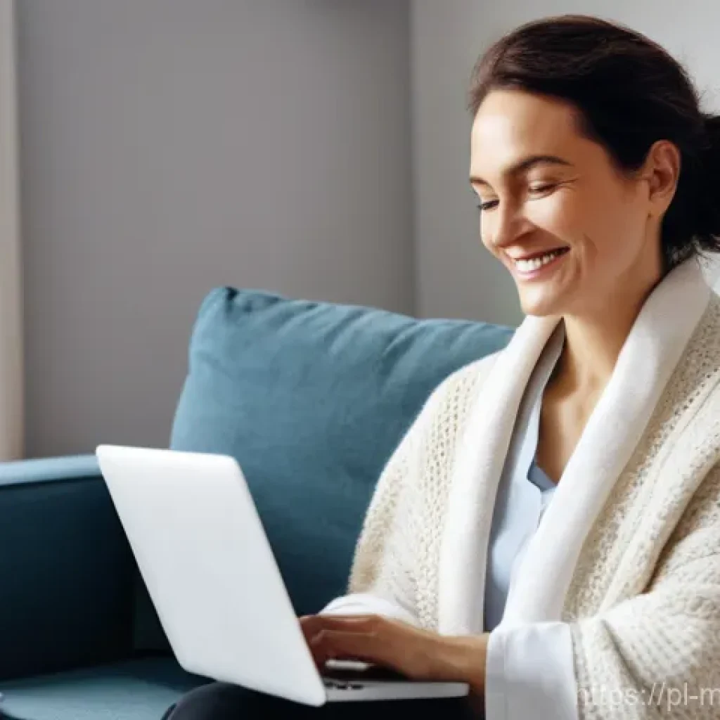 원격의료 서비스의 사회적 영향 - **Prompt:** A cozy, well-lit living room in a modern Polish apartment. A woman in her late 30s, dres...