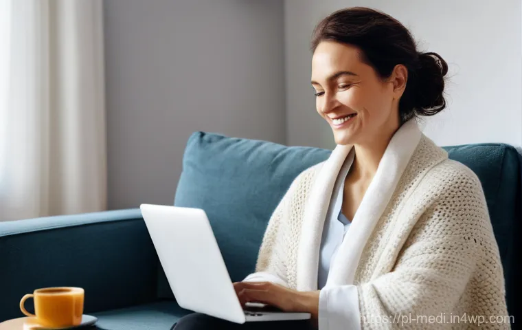 원격의료 서비스의 사회적 영향 - **Prompt:** A cozy, well-lit living room in a modern Polish apartment. A woman in her late 30s, dres...