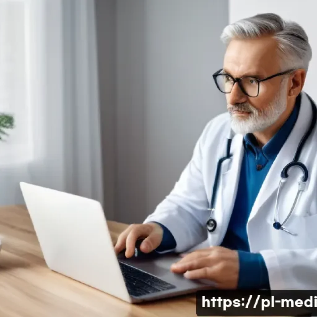 원격의료 서비스와 맞춤형 의료 - A modern telemedicine consultation scene showing a middle-aged Polish patient sitting comfortably at...