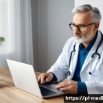 원격의료 서비스와 맞춤형 의료 - A modern telemedicine consultation scene showing a middle-aged Polish patient sitting comfortably at...