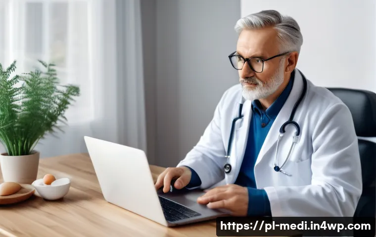 원격의료 서비스와 맞춤형 의료 - A modern telemedicine consultation scene showing a middle-aged Polish patient sitting comfortably at...