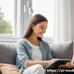 COVID 19와 원격의료 서비스의 관계 - A modern Polish family in a cozy living room using a tablet for an online medical consultation, dres...