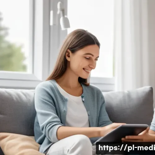 COVID 19와 원격의료 서비스의 관계 - A modern Polish family in a cozy living room using a tablet for an online medical consultation, dres...