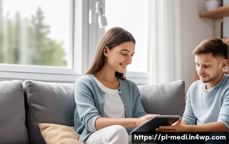 COVID 19와 원격의료 서비스의 관계 - A modern Polish family in a cozy living room using a tablet for an online medical consultation, dres...