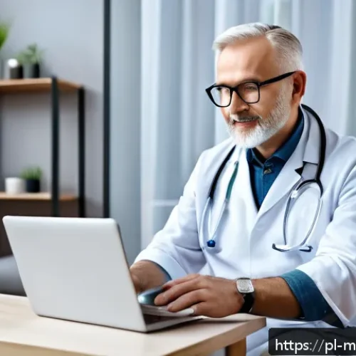 원격의료 서비스와 유전자 검사 - A modern Polish telemedicine consultation scene showing a middle-aged man in casual home attire sitt...