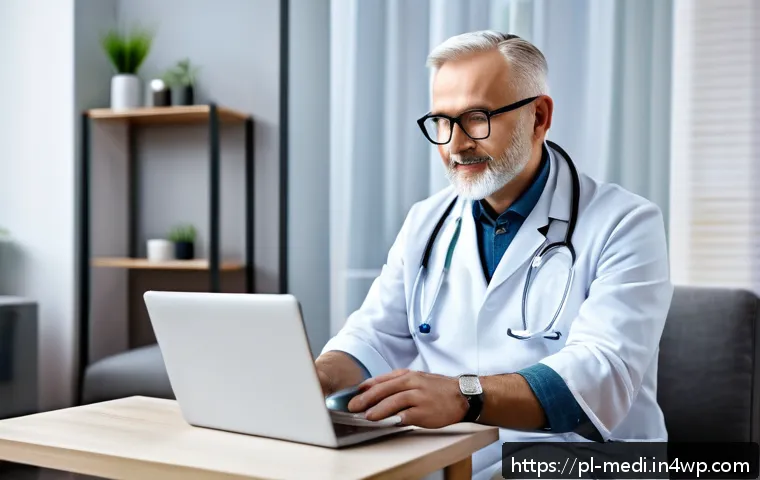 원격의료 서비스와 유전자 검사 - A modern Polish telemedicine consultation scene showing a middle-aged man in casual home attire sitt...