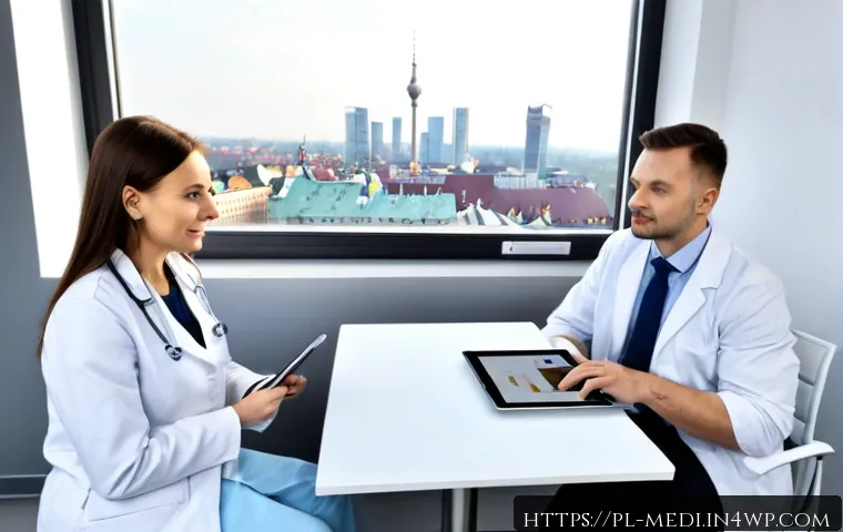 Home 17 원격의료 서비스 도입을 위한 전략 - Photorealistic modern telemedicine strategy meeting in a bright Warsaw medical clinic, Polish health...