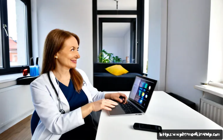 Home 17 비대면 진료 시스템의 발전 방향 - Photorealistic Polish telemedicine consultation in a bright modern apartment in Warsaw, a middle-age...