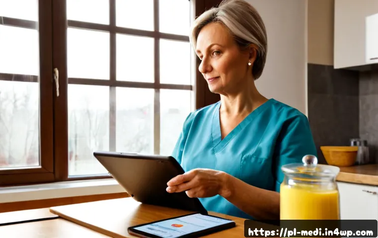 Home 17 원격의료 서비스와 건강 보험의 관계 - Photorealistic Polish middle-aged woman having a remote medical consultation on a tablet at a tidy h...